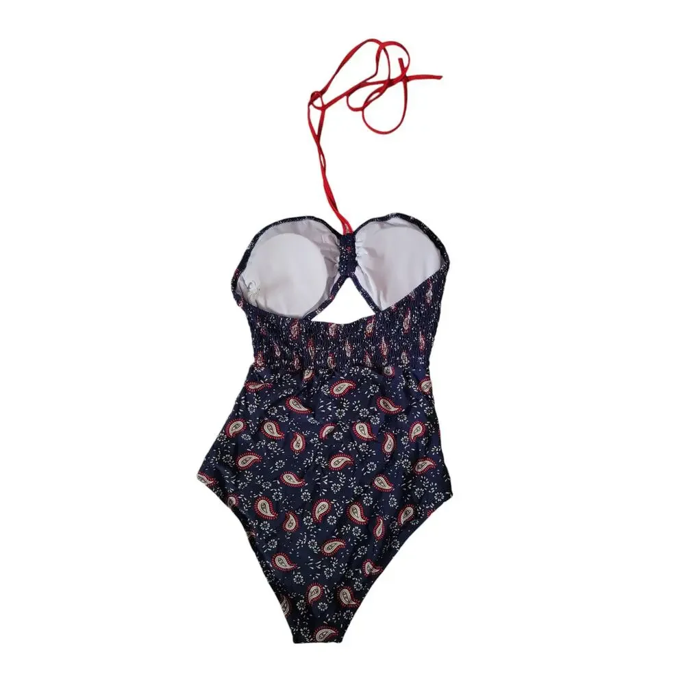 Cupshe‎ one piece swimsuit Paisley cut out halter navy blue red size medium
